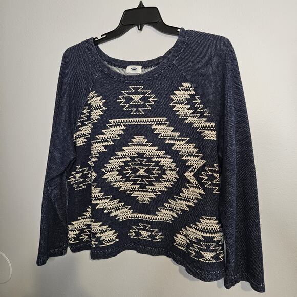 Old Navy Aztec Print Knit Pullover Top Blue Beige Size XL Cotton Blend Soft L/S - Picture 1 of 7